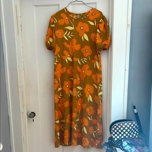 Orange and Yellow Puff Sleeve Midi Sundress